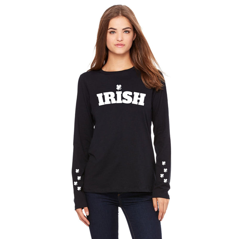 St Patricks Day Irish Print Shamrock Hearts With Sleeve Print Womens Long Sleeve T Shirt Women's Long Sleeves Oldglory.com SM Black