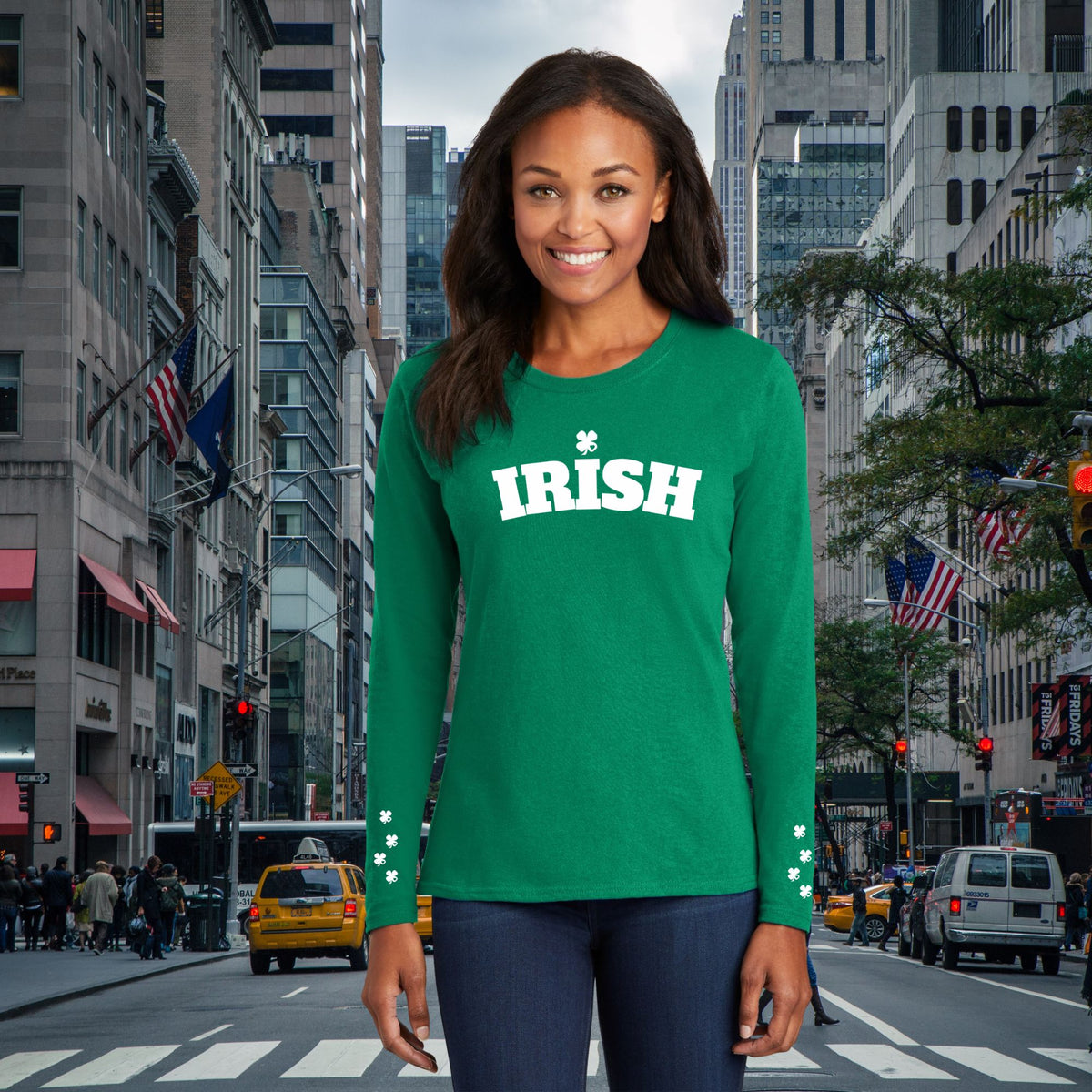 St Patricks Day Irish Print Shamrock Hearts With Sleeve Print Womens Long Sleeve T Shirt Women's Long Sleeves Oldglory.com