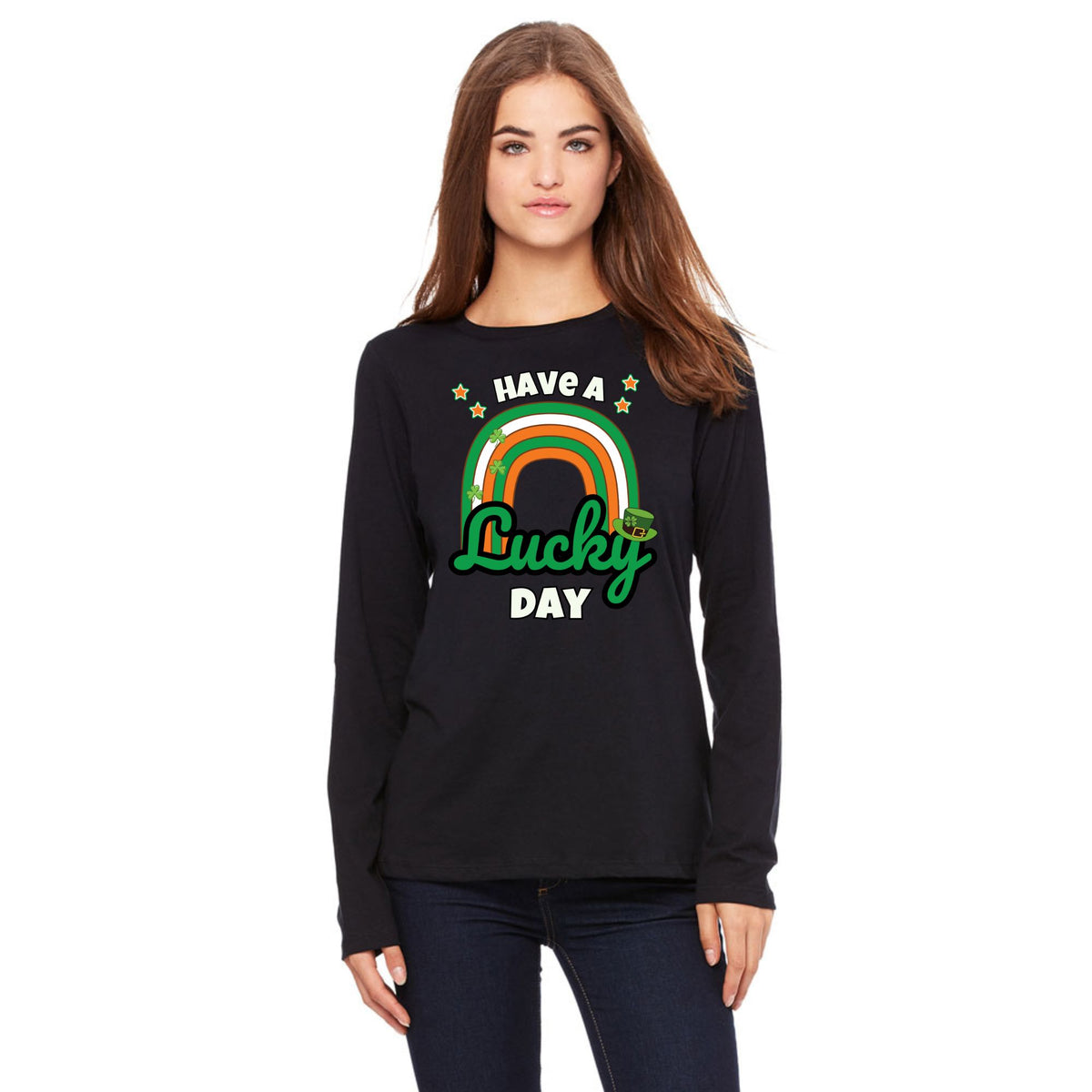 St Patricks Day Have A Lucky Day Irish Rainbow Womens Long Sleeve T Shirt Women's Long Sleeves Oldglory.com SM Black