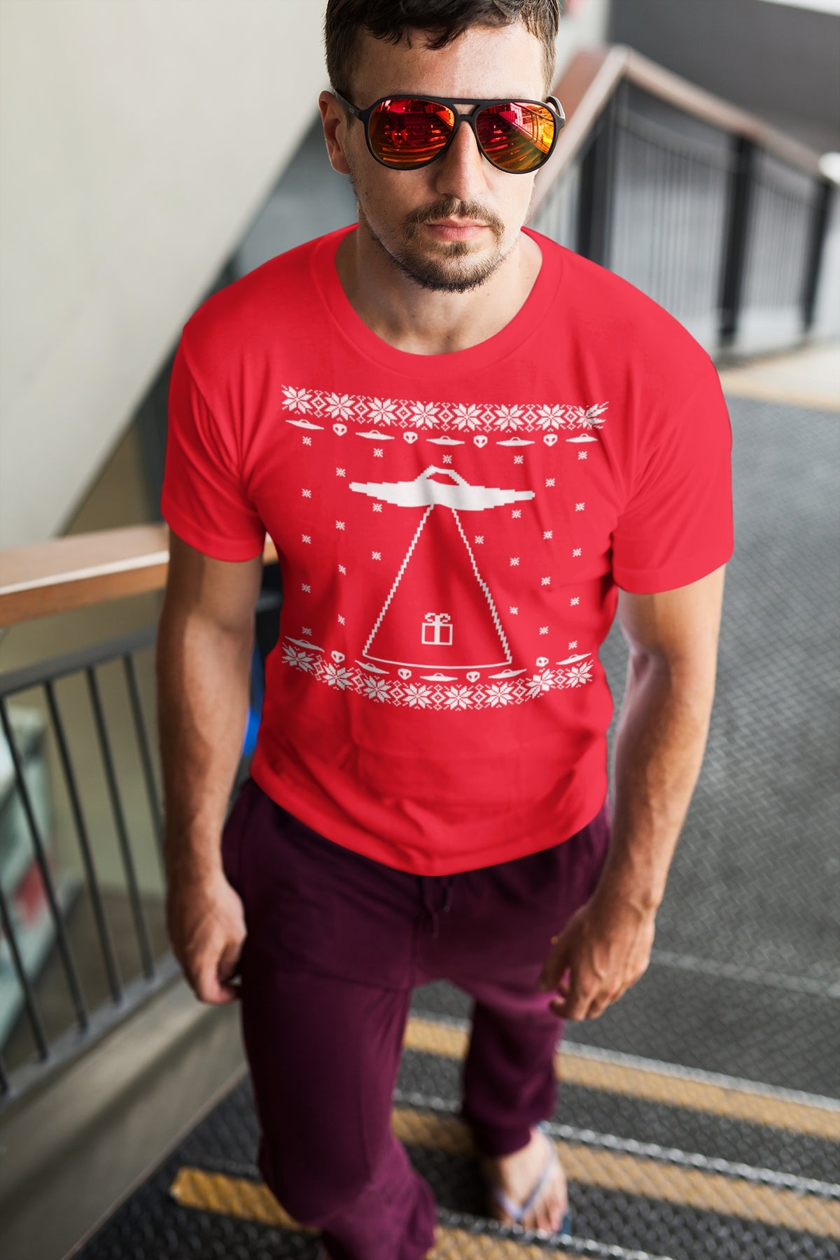 Alien Abduction Ugly XMAS Sweater Adult T-Shirt Men's T-Shirts Old Glory