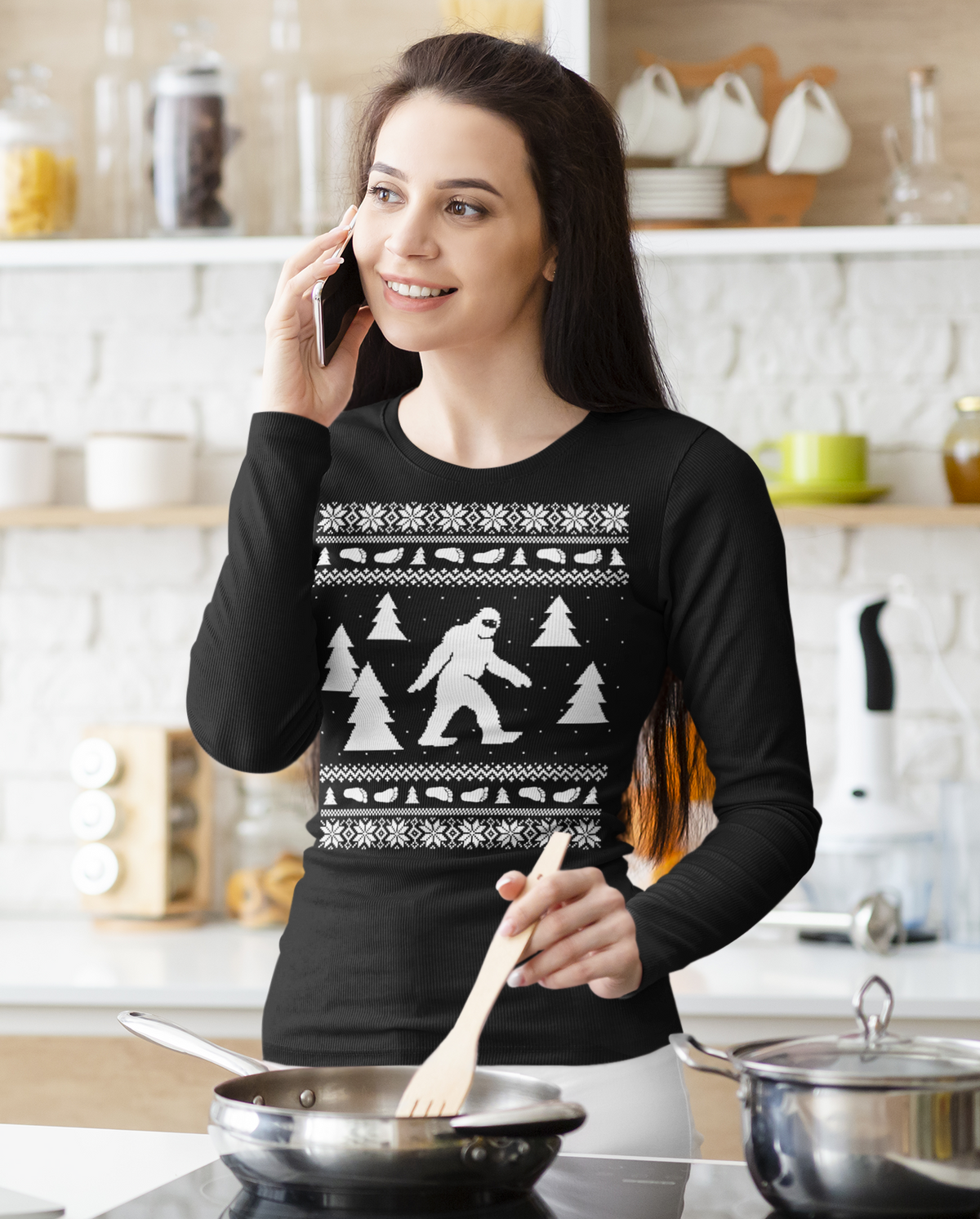 Sasquatch Ugly Christmas Sweater Green Womens Long Sleeve T-Shirt Women's Long Sleeves Old Glory