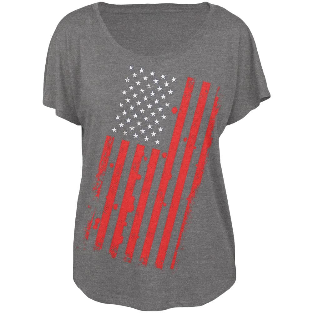 4th of July Distressed Offset American Flag Juniors Dolman T Shirt Juniors T-Shirts Old Glory 2XL Grey