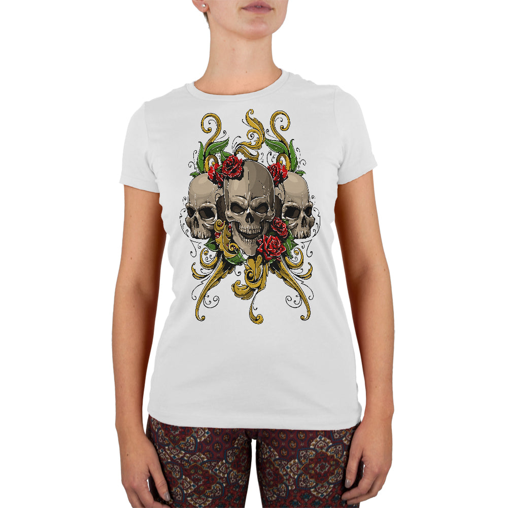 Skulls and Roses Tattoo Juniors Soft T Shirt Juniors T-Shirts Old Glory 2XL White