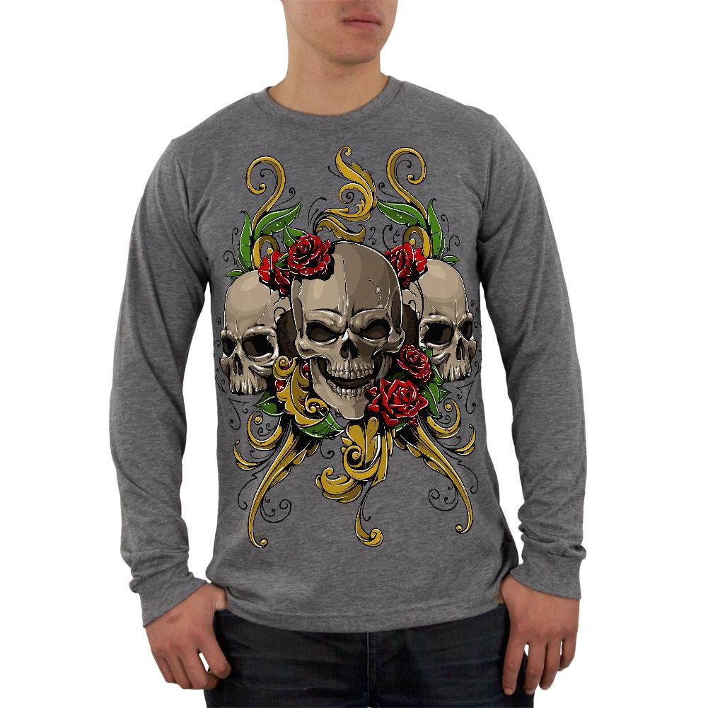 Skulls and Roses Tattoo Mens Soft Long Sleeve Blend T Shirt Men's Long Sleeves Old Glory 2XL Grey