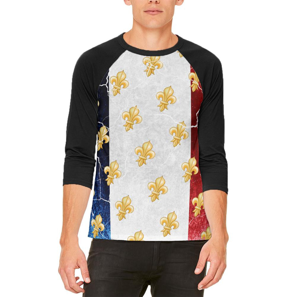 French Flag Grunge Distressed Fleur De Lis Mens Raglan T Shirt Men's Raglans Old Glory 2XL White