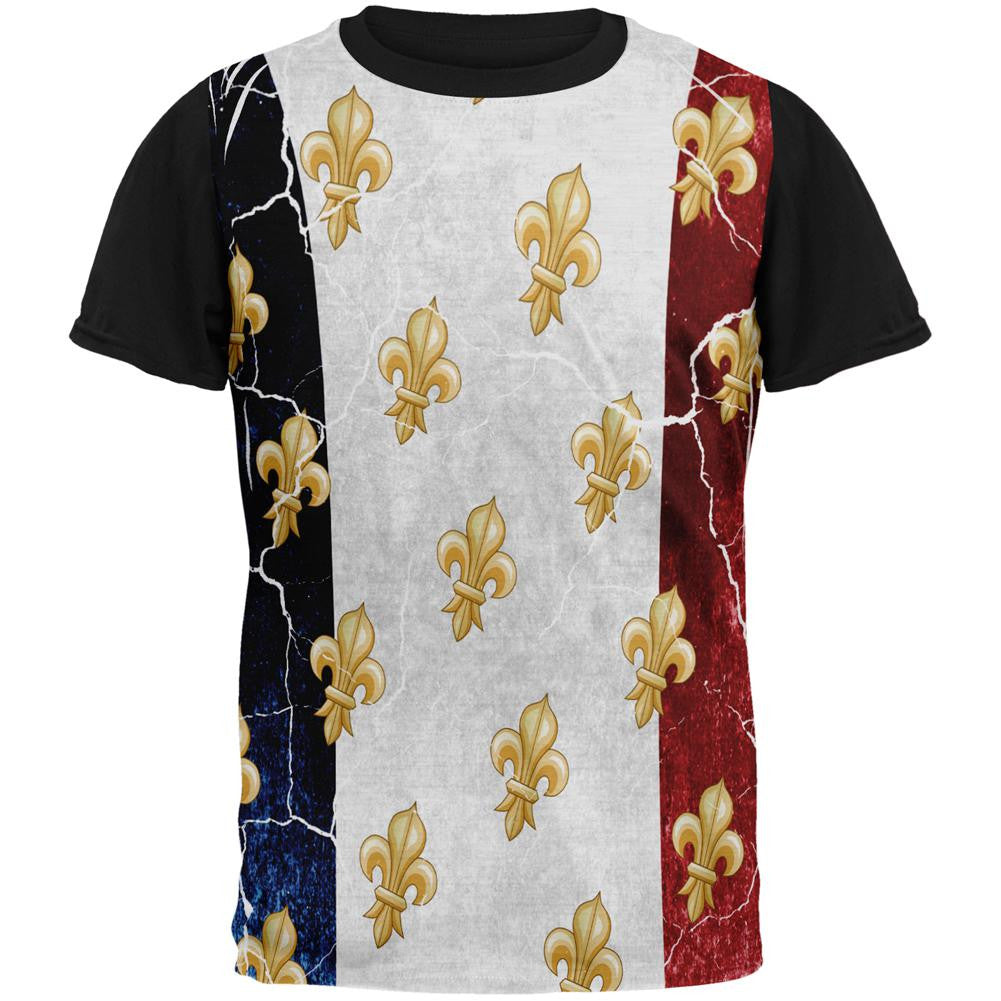 French Flag Grunge Distressed Fleur De Lis All Over Mens Black Back T Shirt Men's T-Shirts Old Glory SM Multi