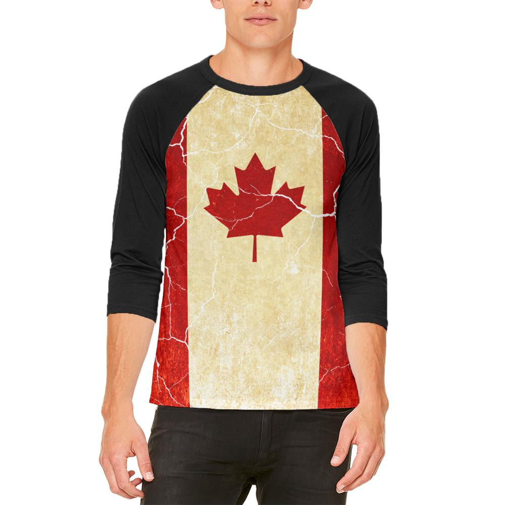 Canadian Flag Grunge Distressed Mens Raglan T Shirt Men's Raglans Old Glory 2XL White