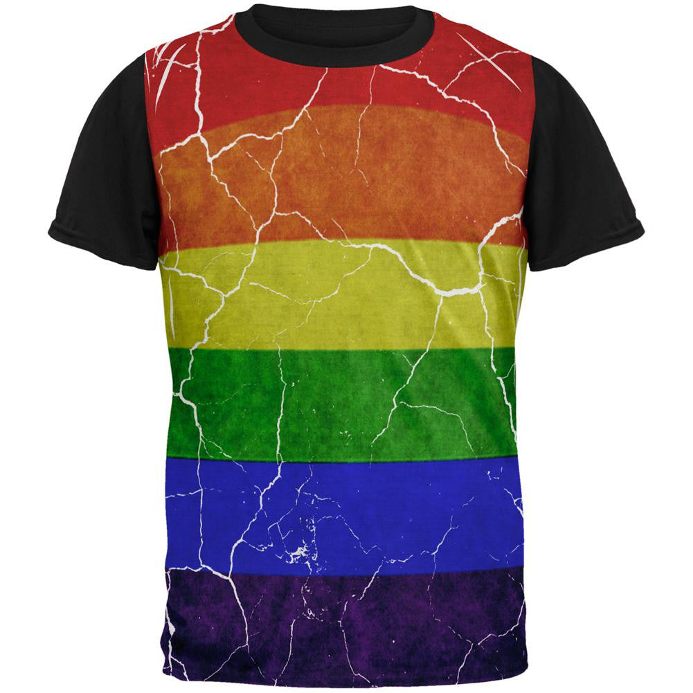 Distressed Gay Pride Flag All Over Mens Black Back T Shirt Men's T-Shirts Old Glory SM Multi