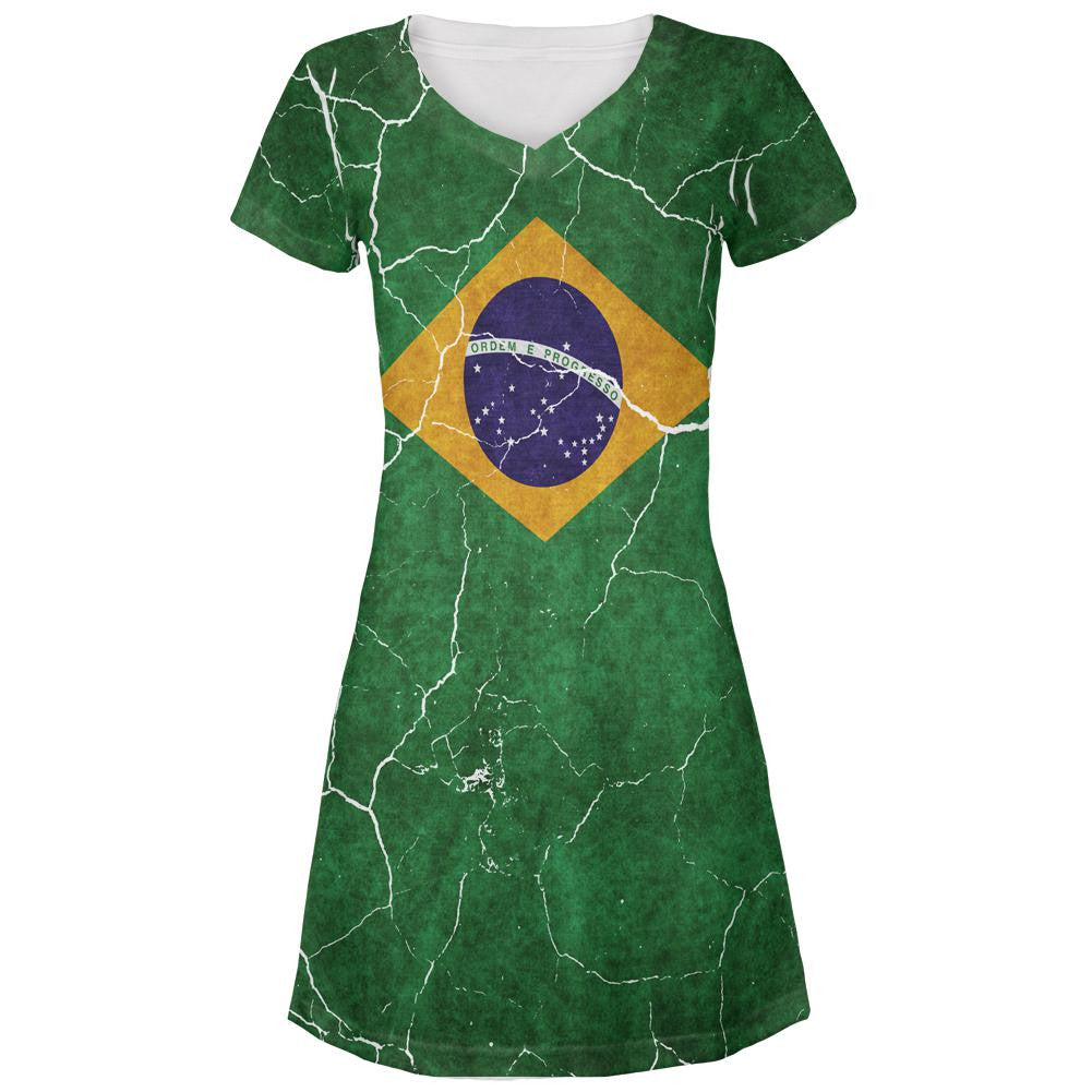 Distressed Brazilian Flag All Over Juniors V-Neck Dress Juniors Dresses Old Glory LG Multi