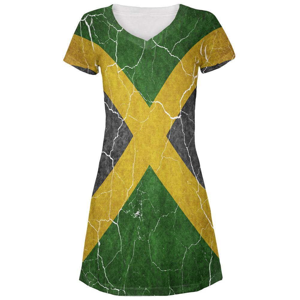 Distressed Jamaican Flag All Over Juniors V-Neck Dress Juniors Dresses Old Glory LG Multi