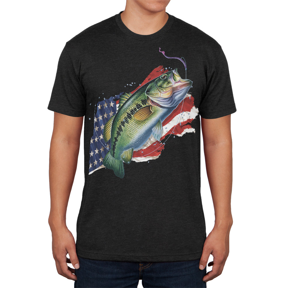 4th of July American Fisherman Bass Mens Soft T Shirt Men's T-Shirts 4th of July 2XL Vintage Black