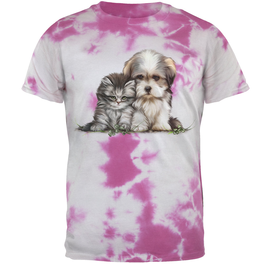 Best Friends Puppy and Kitten Mens T Shirt Men's T-Shirts Old Glory 2XL Lightning Pink Tie Dye