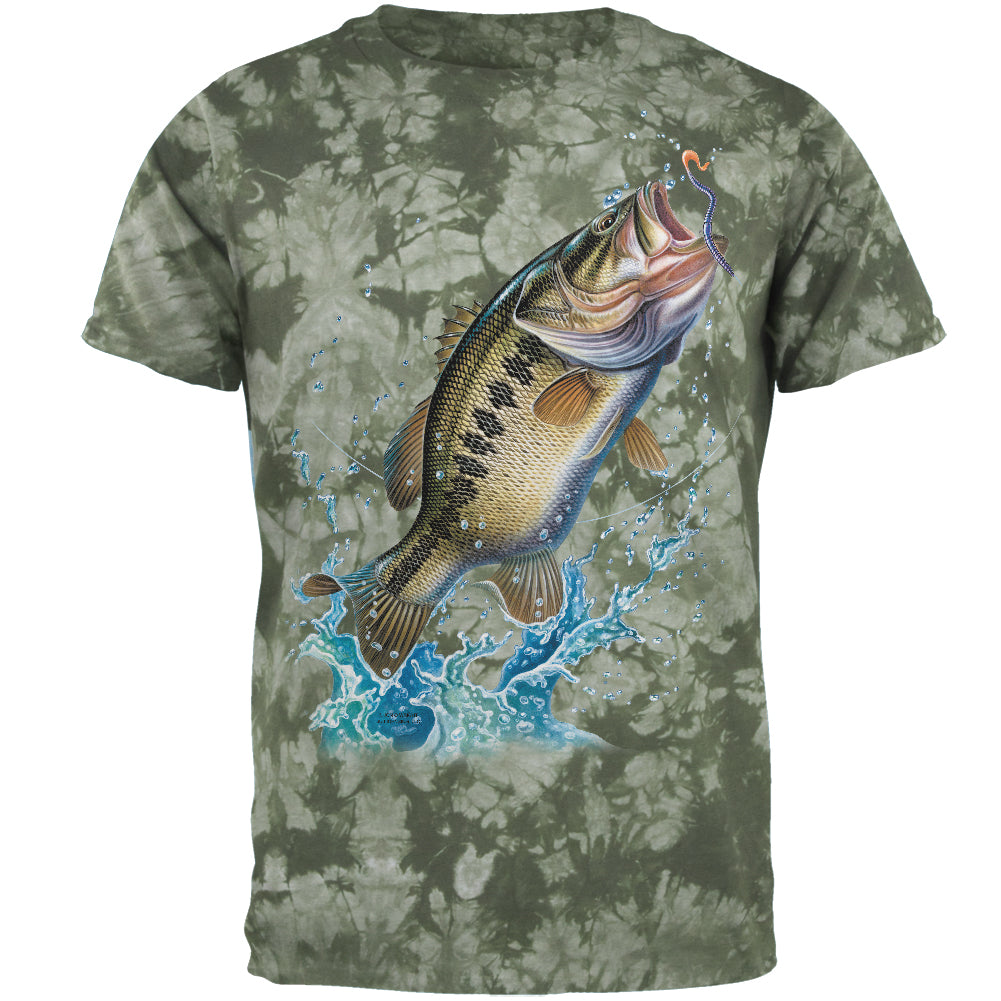 Bass Leaping in Action Mens T Shirt Men's T-Shirts Old Glory 2XL Crackle Moss Tie Dye