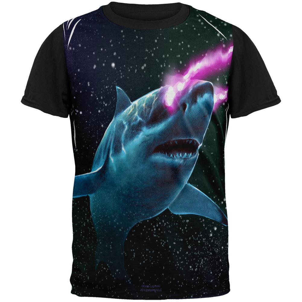 Galaxy Great White Shark Laser Beams All Over Mens Black Back T Shirt Men's T-Shirts Old Glory SM Multi