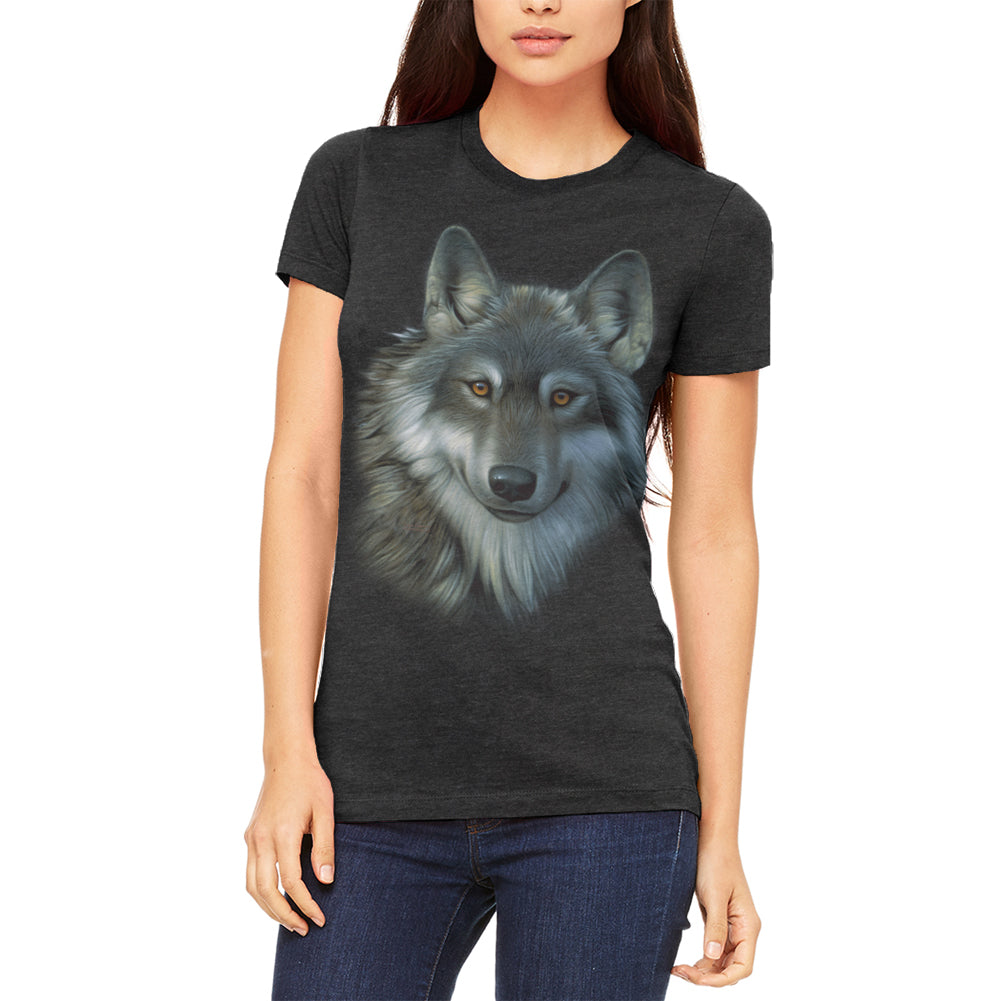 Timber Wolf Face Juniors Soft T Shirt Juniors T-Shirts Old Glory 2XL Heather Black