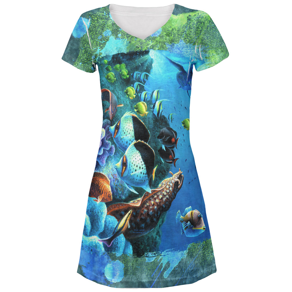 Tropical Reef Splatter All Over Juniors V-Neck Dress Juniors Dresses Old Glory LG Multi