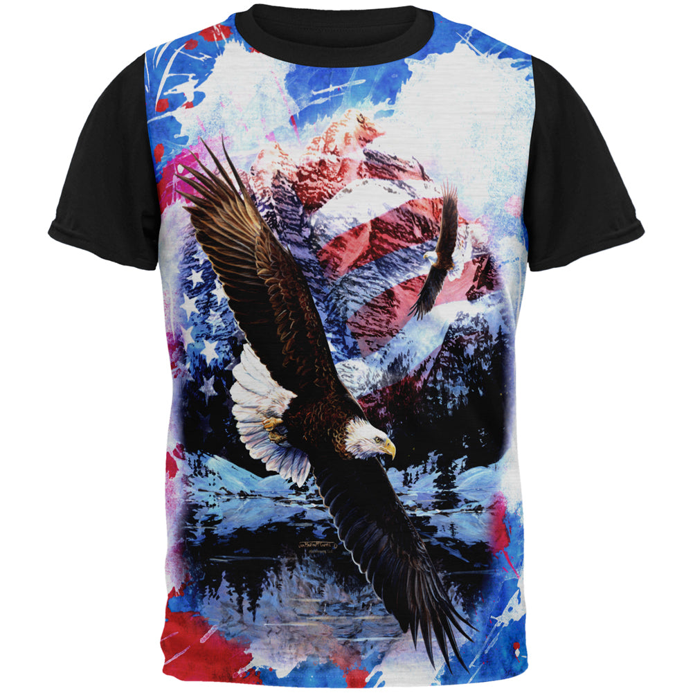 4th of July American Flag Bald Eagle Splatter All Over Mens Black Back T Shirt Men's T-Shirts Old Glory SM Multicolor