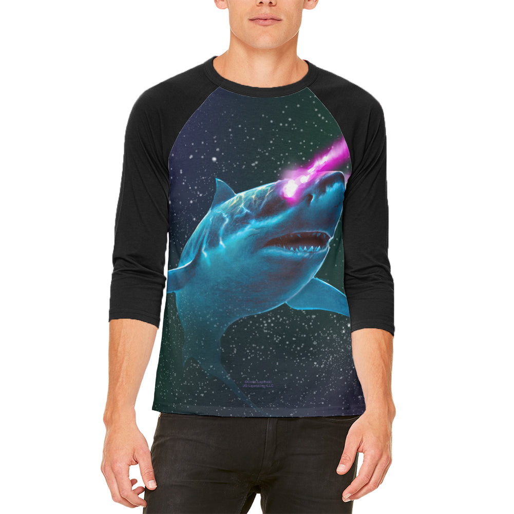 Galaxy Great White Shark Laser Beams Mens Raglan T Shirt Men's T-Shirts Old Glory LG White