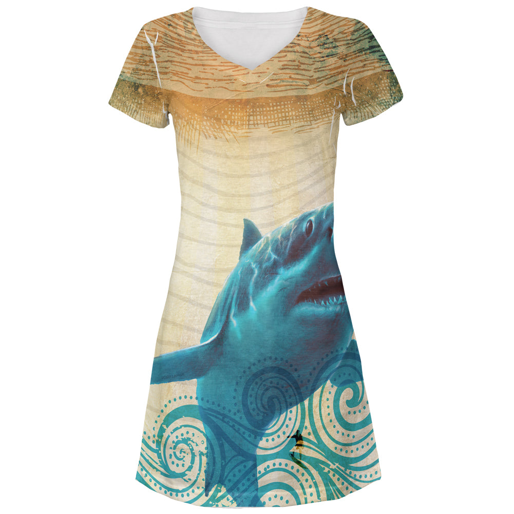 Great White Shark in Waves All Over Juniors V-Neck Dress Juniors Dresses Old Glory LG Multi