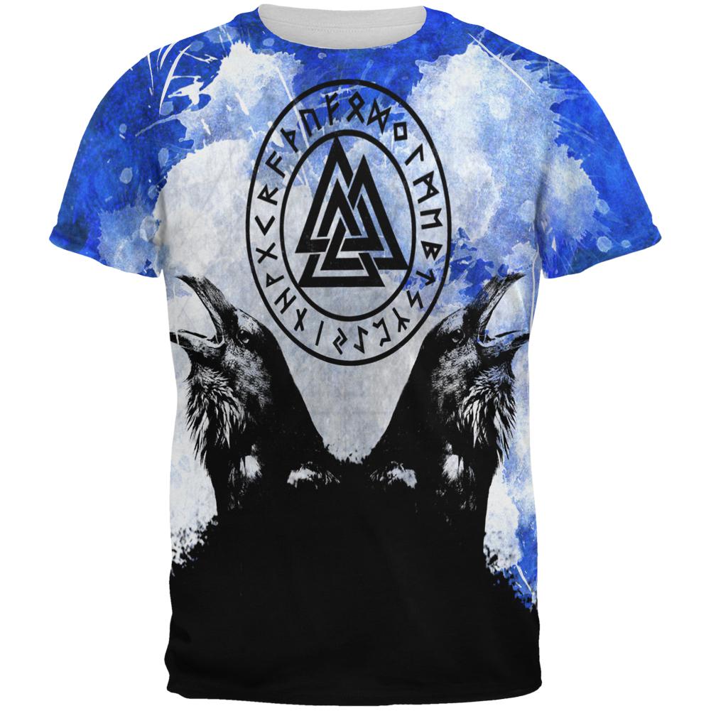 Huginn and Muninn Odin's Ravens Blue Splatter All Over Mens T Shirt Men's T-Shirts Old Glory 2XL Multi