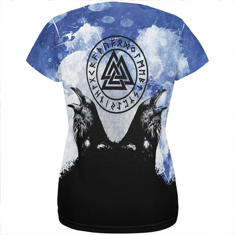 Huginn and Muninn Odin's Ravens Blue Splatter All Over Womens T Shirt Women's T-Shirts Old Glory