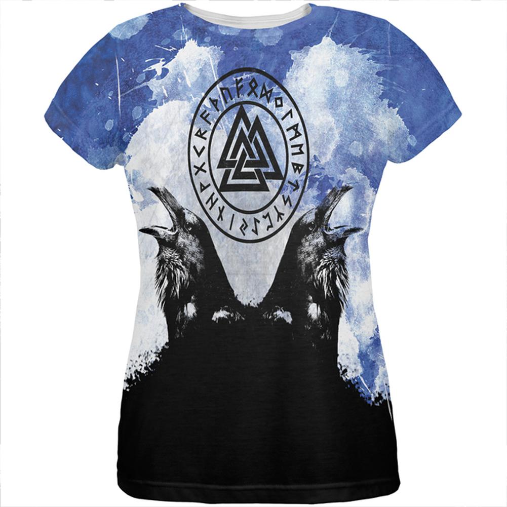 Huginn and Muninn Odin's Ravens Blue Splatter All Over Womens T Shirt Women's T-Shirts Old Glory LG Multi