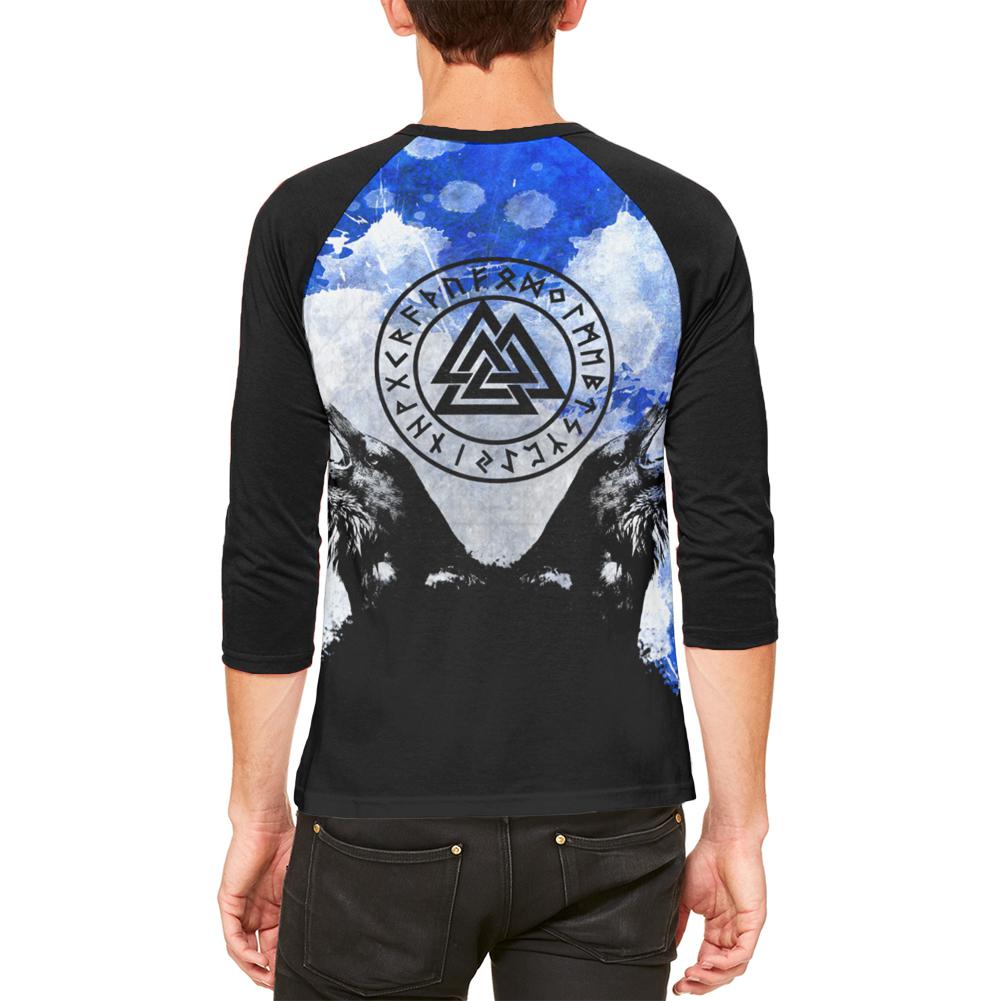 Huginn and Muninn Odin's Ravens Blue Splatter Mens Raglan T Shirt Men's T-Shirts Old Glory