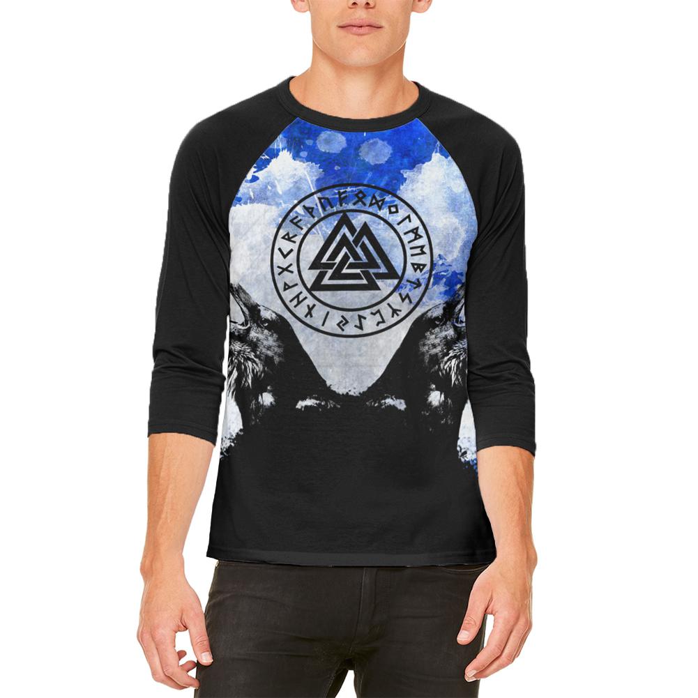 Huginn and Muninn Odin's Ravens Blue Splatter Mens Raglan T Shirt Men's T-Shirts Old Glory 2XL Multi
