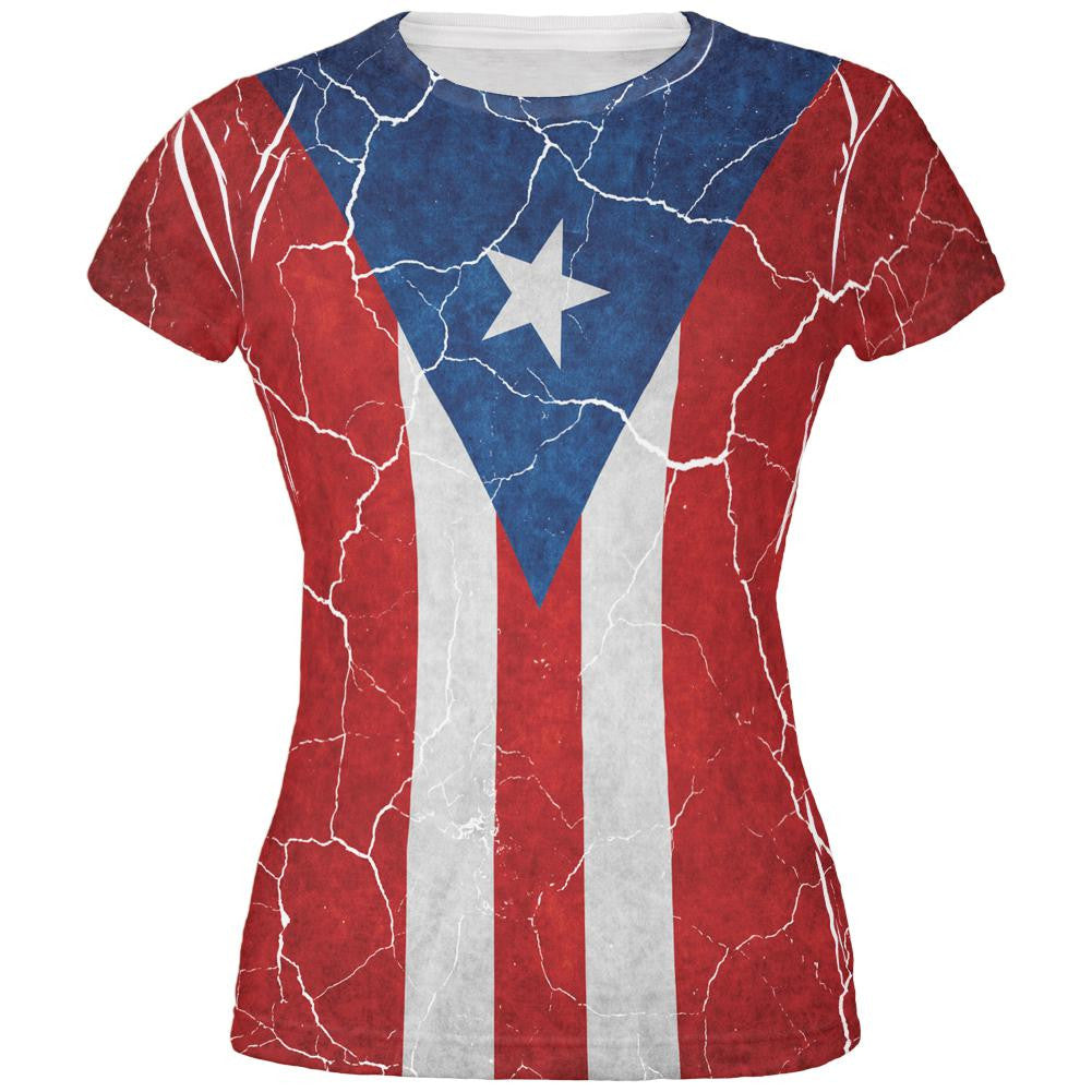 Distressed Puerto Rican Flag All Over Juniors T Shirt Juniors T-Shirts Old Glory 2XL Multi
