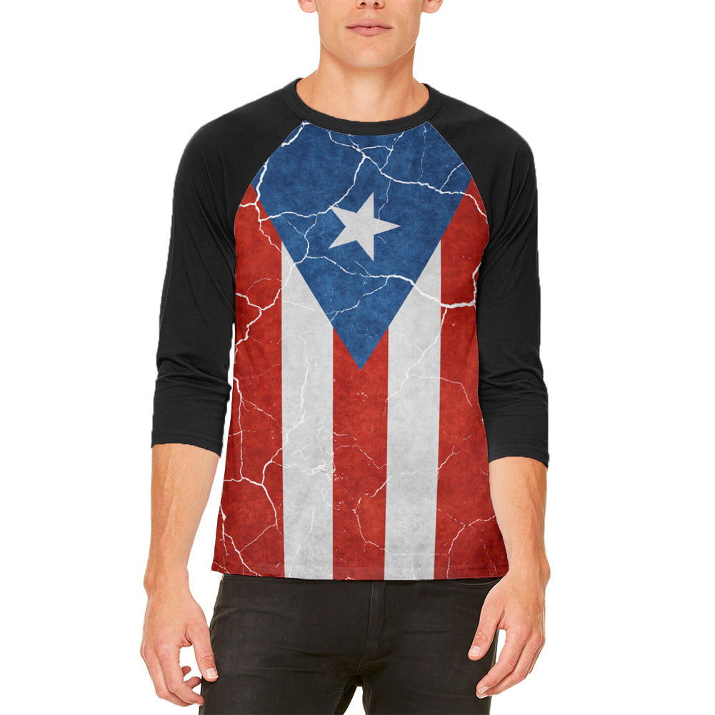 Distressed Puerto Rican Flag Mens Raglan T Shirt Men's T-Shirts Old Glory LG White