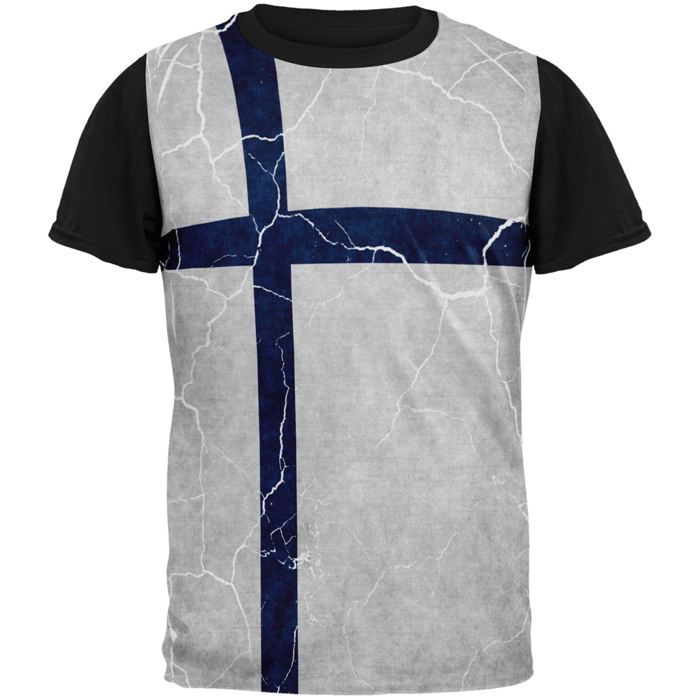 Distressed Finland Flag All Over Mens Black Back T Shirt Men's T-Shirts Old Glory SM Multi