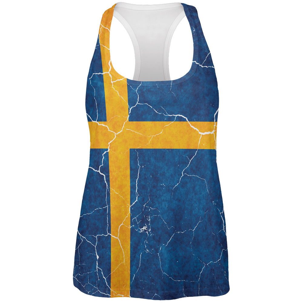 Distressed Swedish Flag All Over Womens Work Out Tank Top Women's Tank Tops Old Glory 2XL Multicolored
