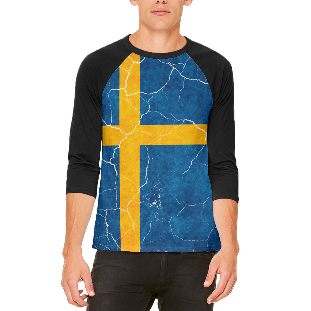 Distressed Swedish Flag Mens Raglan T Shirt Men's T-Shirts Old Glory LG White