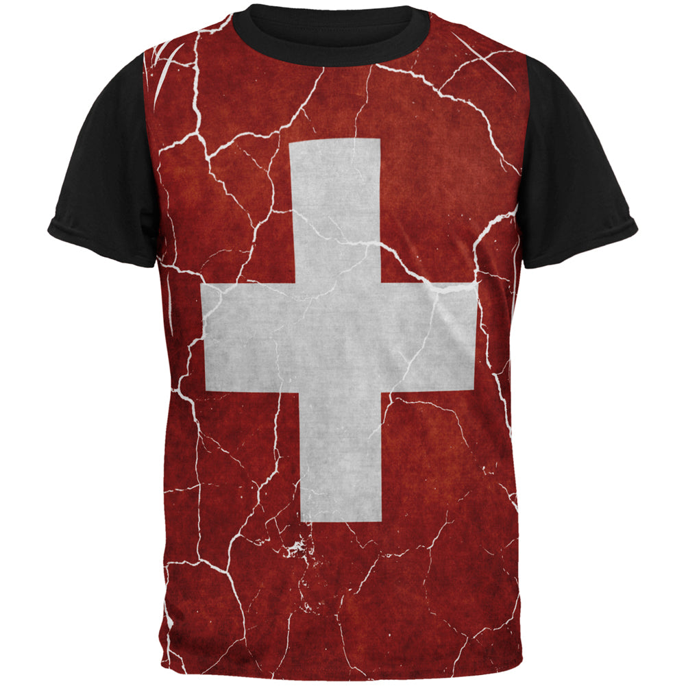 Distressed Swiss Flag All Over Mens Black Back T Shirt Men's T-Shirts Old Glory SM Multicolored