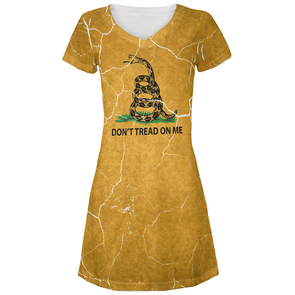 Distressed Gadsden Flag Juniors V-Neck Beach Cover-Up Dress Juniors Dresses Old Glory LG Multi