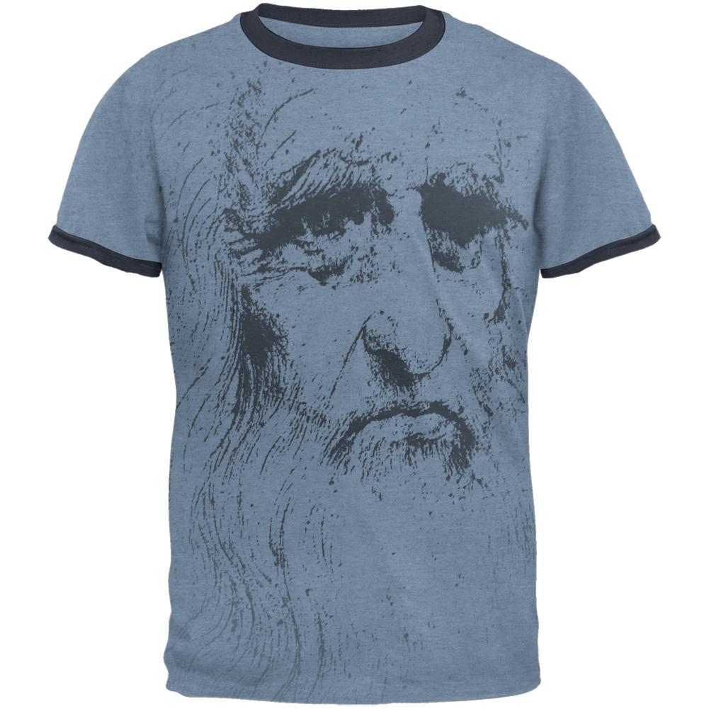 Leonardo Da Vinci Portrait Mens Ringer T Shirt Men's T-Shirts Old Glory SM Heather Blue-Navy