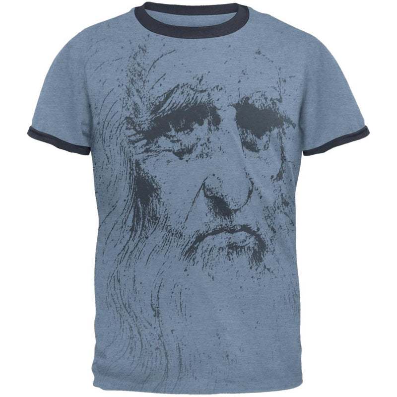 Leonardo Da Vinci Portrait Mens Ringer T Shirt Men's T-Shirts Old Glory SM Heather Blue-Navy