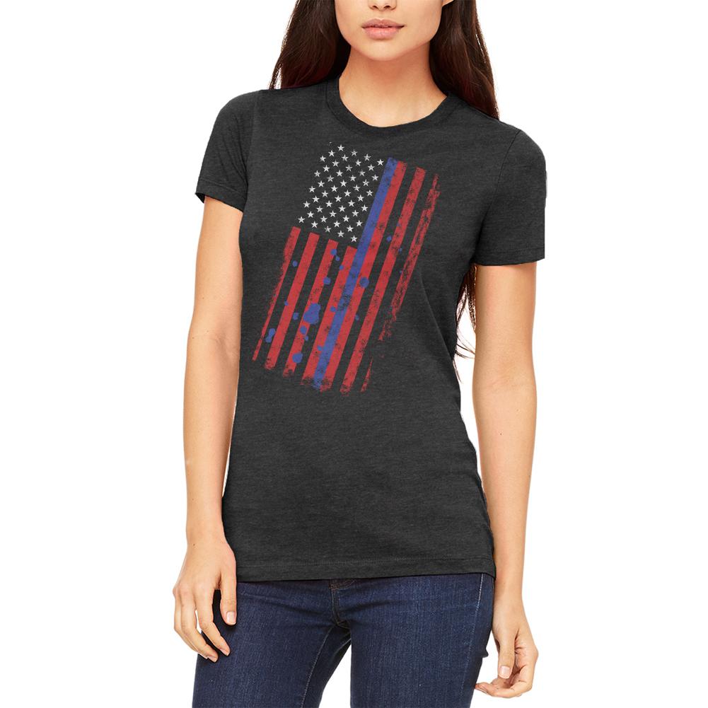 Distressed Thin Blue Line American Flag Juniors Soft T Shirt Juniors T-Shirts Old Glory 2XL Heather Black