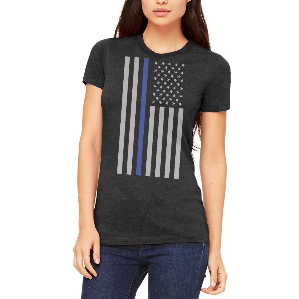 Thin Blue Line American Flag Juniors Soft T Shirt Juniors T-Shirts Old Glory 2XL Heather Black