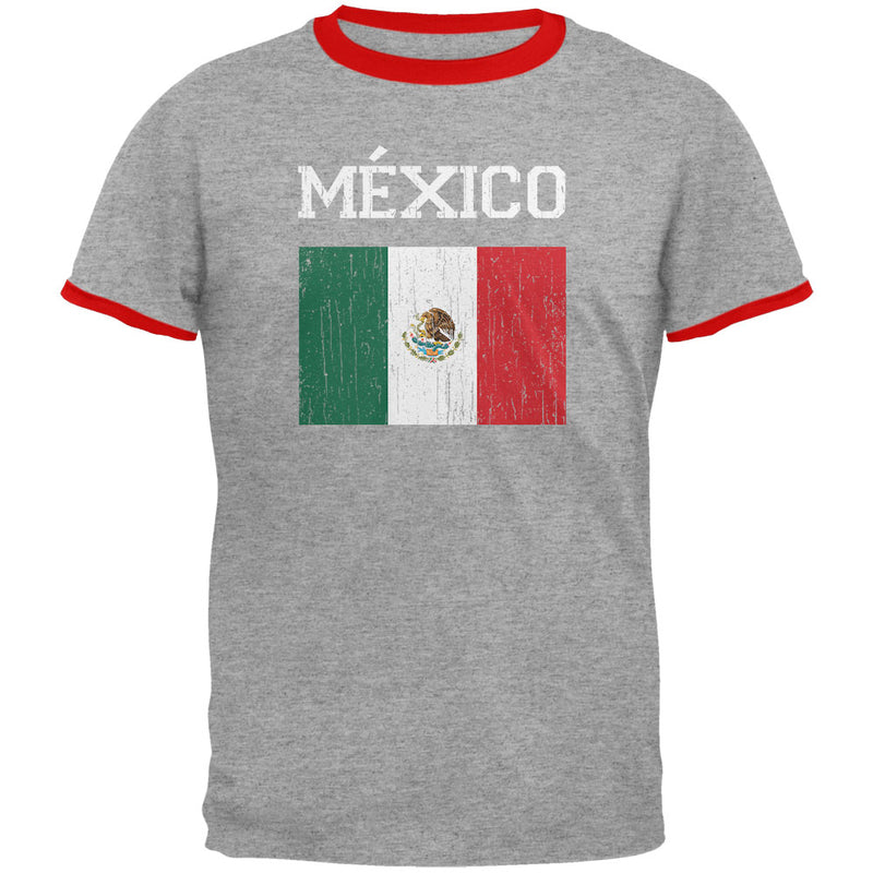 World Cup Distressed Flag Mexico Mens Ringer T Shirt Men's T-Shirts Old Glory LG Heather-Red