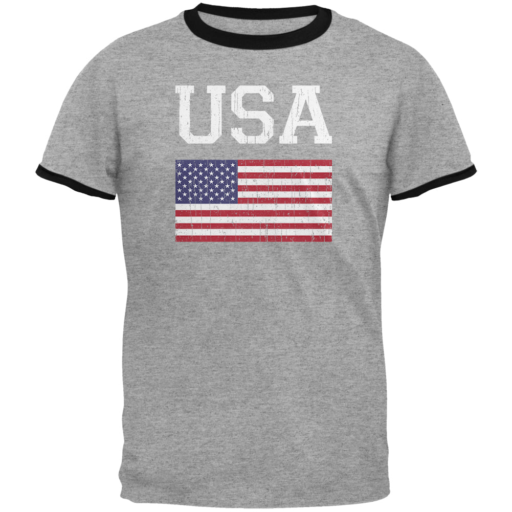 World Cup Distressed Flag USA Mens Ringer T Shirt Men's T-Shirts Old Glory LG Heather-Black