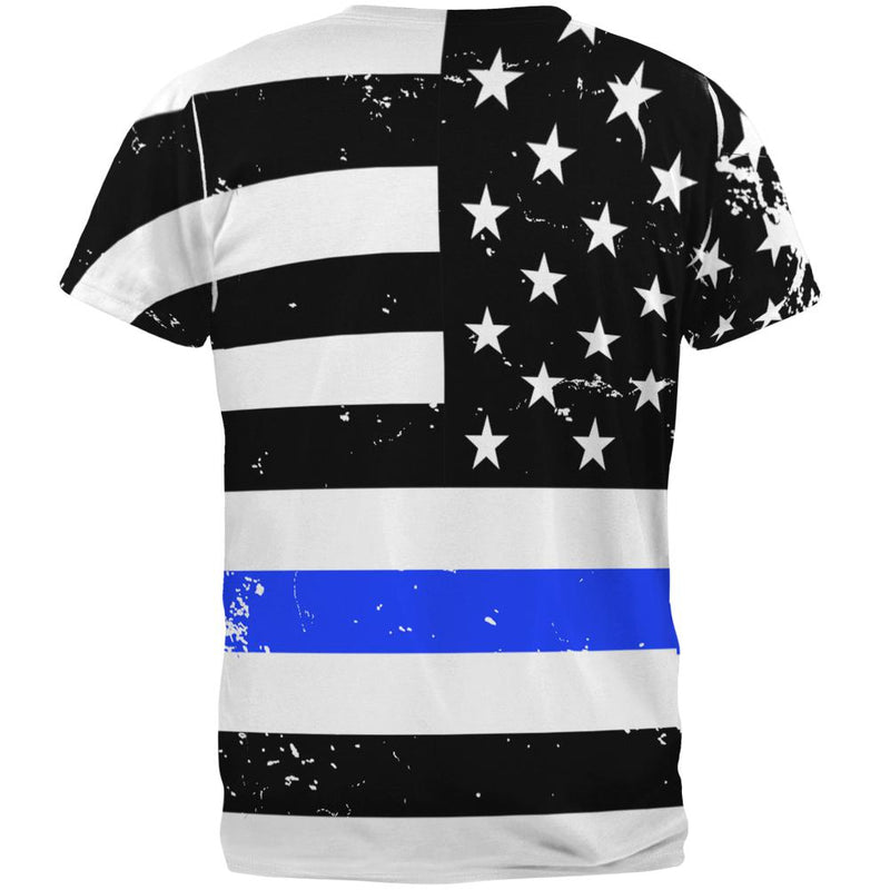 Distressed Thin Blue Line American Flag All Over Mens T Shirt Men's T-Shirts Old Glory