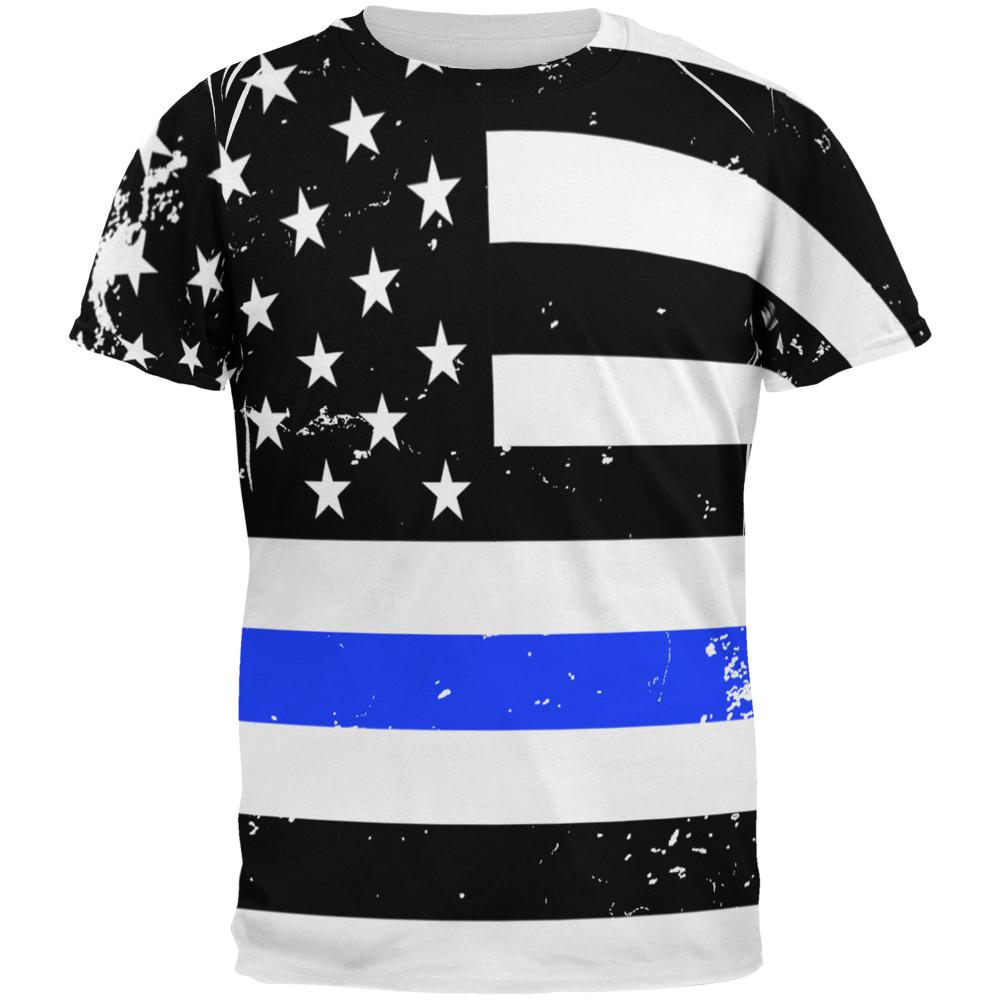 Distressed Thin Blue Line American Flag All Over Mens T Shirt Men's T-Shirts Old Glory 2XL Multi