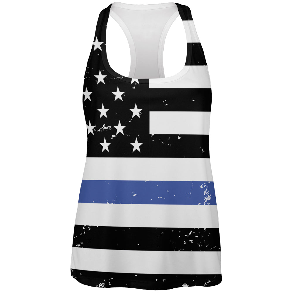Distressed Thin Blue Line American Flag All Over Womens Work Out Tank Top Women's Tank Tops Old Glory 2XL Multi