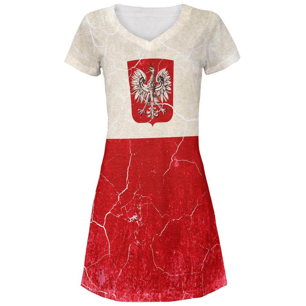 Distressed Grunge Polish Crest Flag Juniors V-Neck Beach Cover-Up Dress Juniors Dresses Old Glory LG Multi