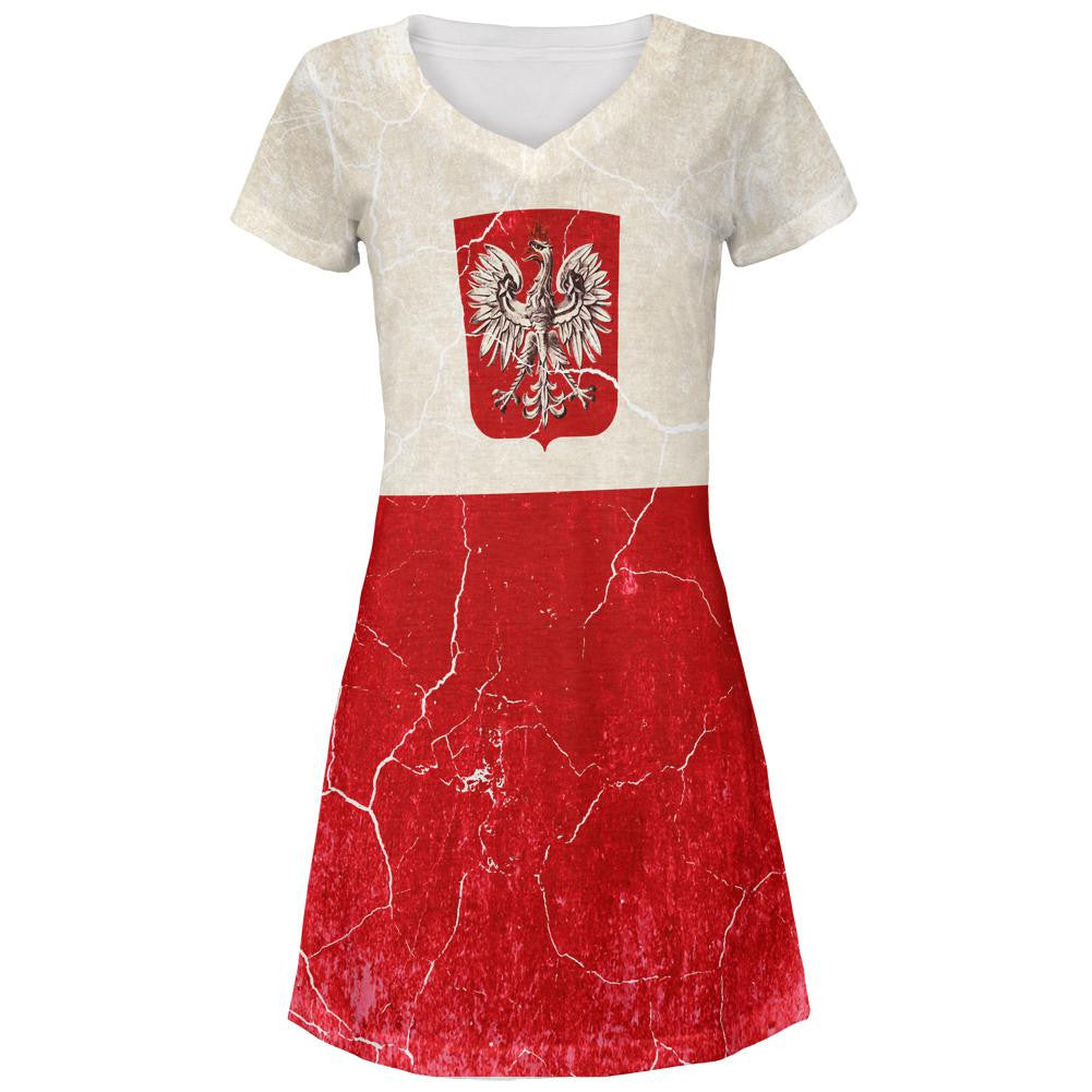 Distressed Grunge Polish Crest Flag All Over Juniors V-Neck Dress Juniors Dresses Old Glory LG Multi