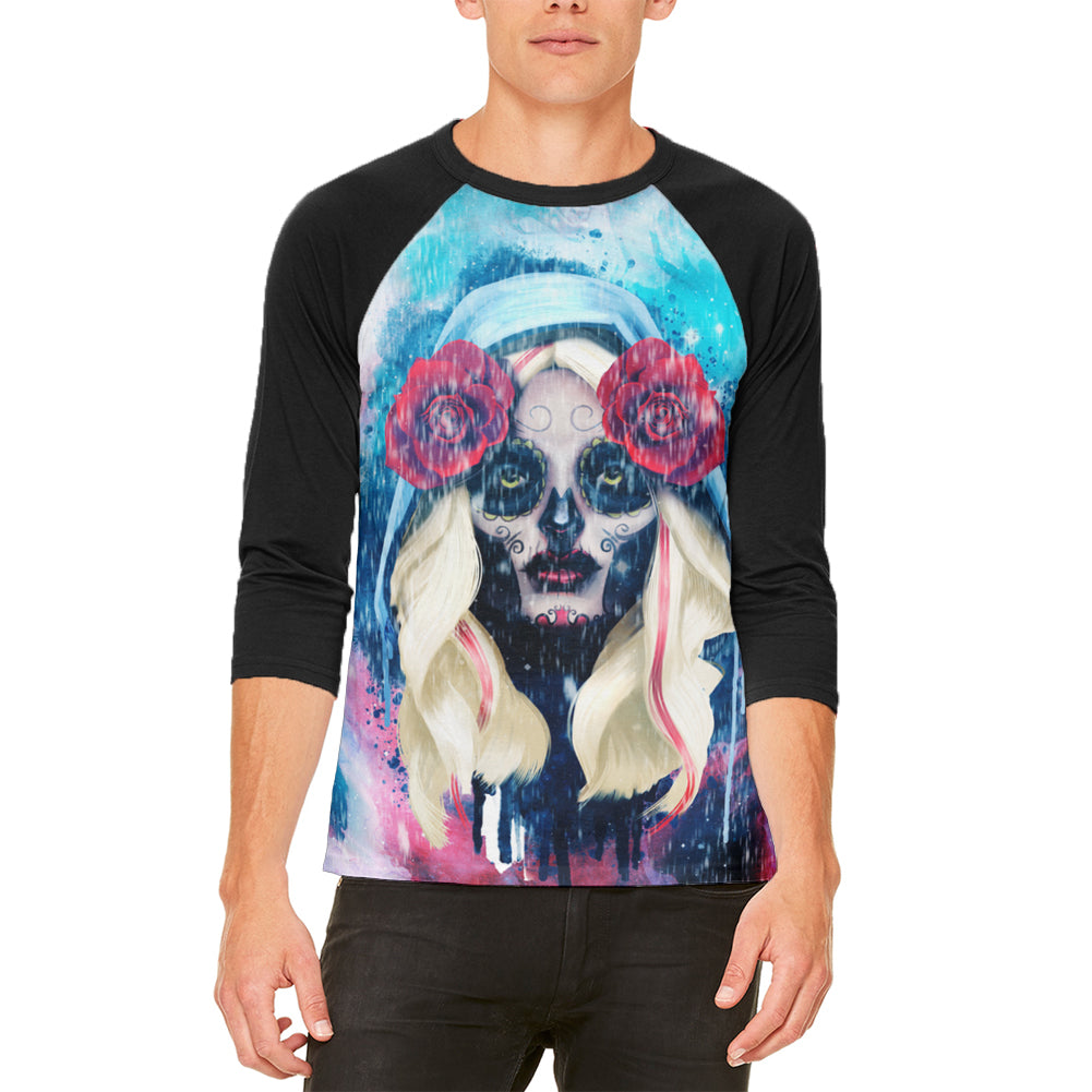 Halloween Day of the Dead Sugar Skull Girl Rain Mens Raglan T Shirt Men's Raglans Old Glory LG White-Black
