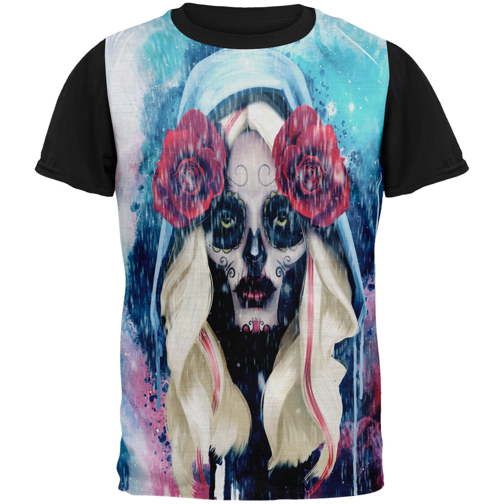 Halloween Day of the Dead Sugar Skull Girl Rain All Over Mens Black Back T Shirt Men's T-Shirts Old Glory SM Multi
