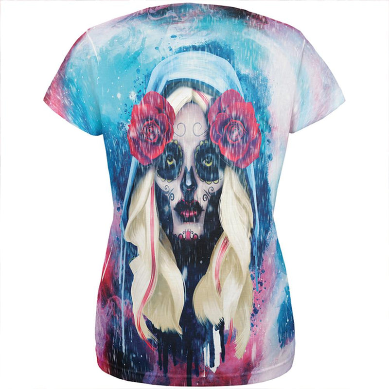 Halloween Day of the Dead Sugar Skull Girl Rain All Over Womens T Shirt Women's T-Shirts Old Glory