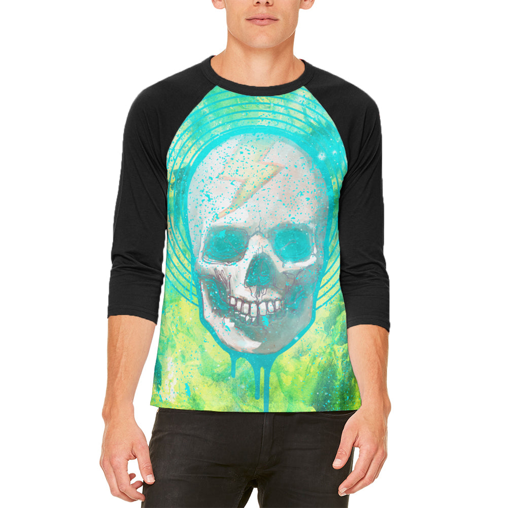 Halloween Lightning Bolt Skull Distressed Plasma Mens Raglan T Shirt Men's Raglans Old Glory LG White-Black